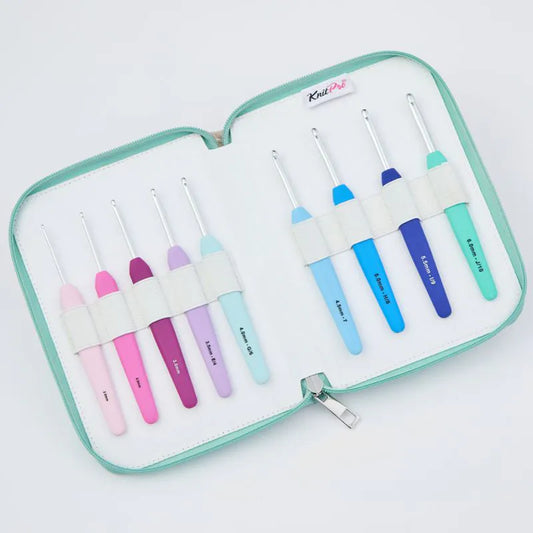 KNITTER'S PRIDE: WAVES ALUMINUM CROCHET HOOK SET - WAVES CROCHET SET IN FLUORESCENT GREEN FAUX LEATHER CASE